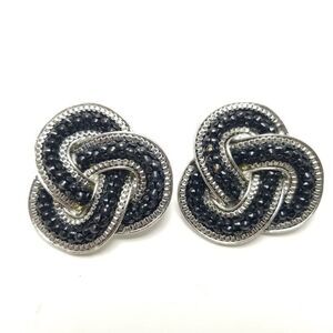 Vintage Black and Silver Tone Knot Design Clip On Earrings,  Retro Estate